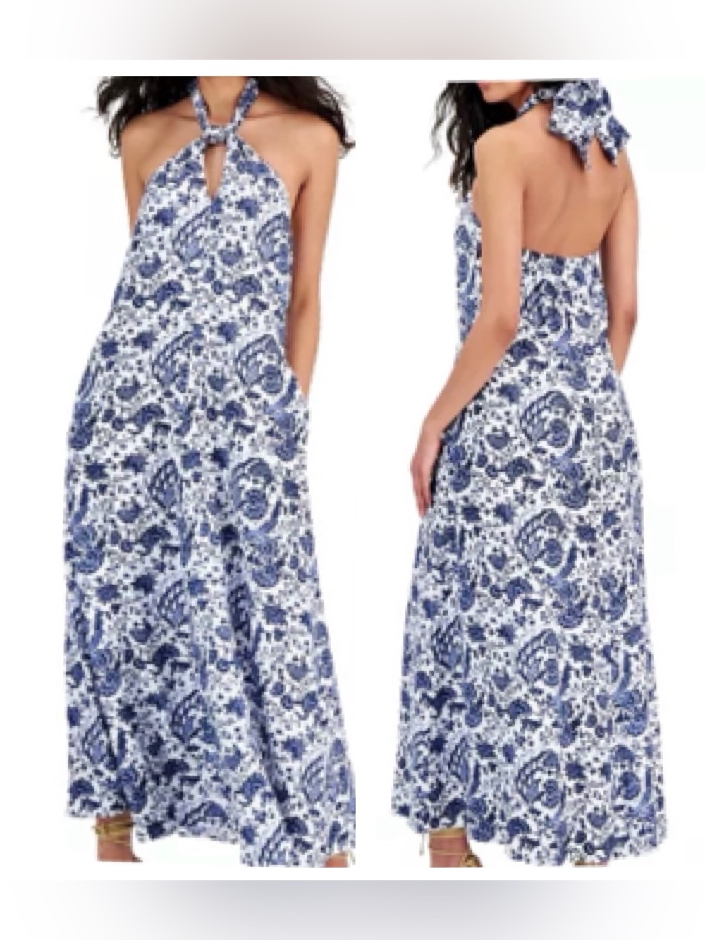 INC Blue White Paisley Halter Maxi Dress Boho Resort Vacation